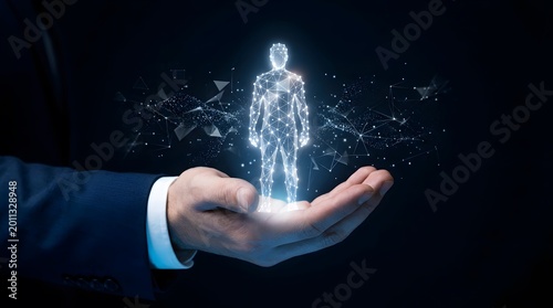 Digital Human on Hand Hologram for Ai Technology Connection Concept