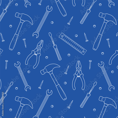 Seamless pattern of hand tools in clean outline style on blue background. Wrenches, hammers, pliers, screws. Perfect for Father’s Day designs, DIY themes, wrapping,  backgrounds. Vector illustration.