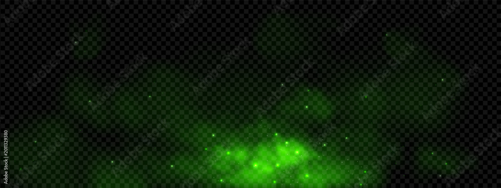 Fototapeta premium Magic green cloud of gas and light particle powder. Halloween poison or toxic effect. Niht neon energy texture for portal with wizard hazy sparkle. Fairy miracle or galaxy shine smoky graphic