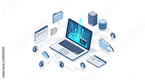 Isometric Laptop with Cloud Database and Coding Interface Diagram
