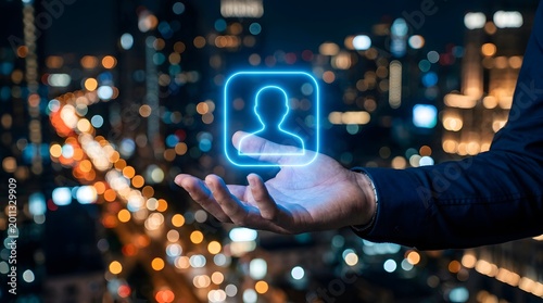 Profile Icon in Hand over Cityscape for Connectivity and User Experience
