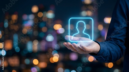 Profile Neon Icon on Hand Futuristic Modern Digital Identity Concept
