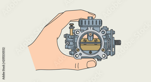 Bild auf Leinwand Hand holding a vintage car carburetor engine part illustration