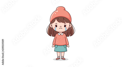 Fotografie Sad little girl crying with tears, wearing a hat and sweater, isolated on white