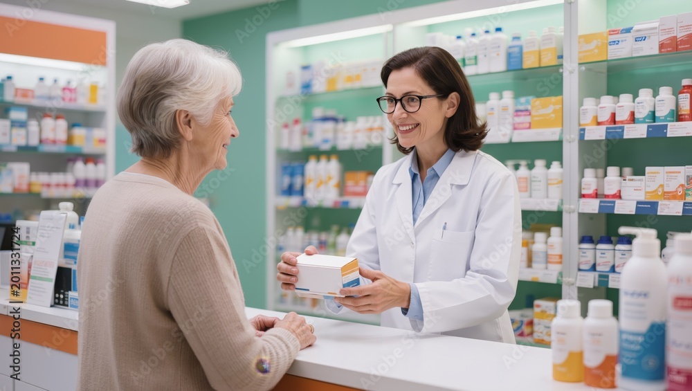 Obraz premium Pharmacist assisting senior customer in pharmacy