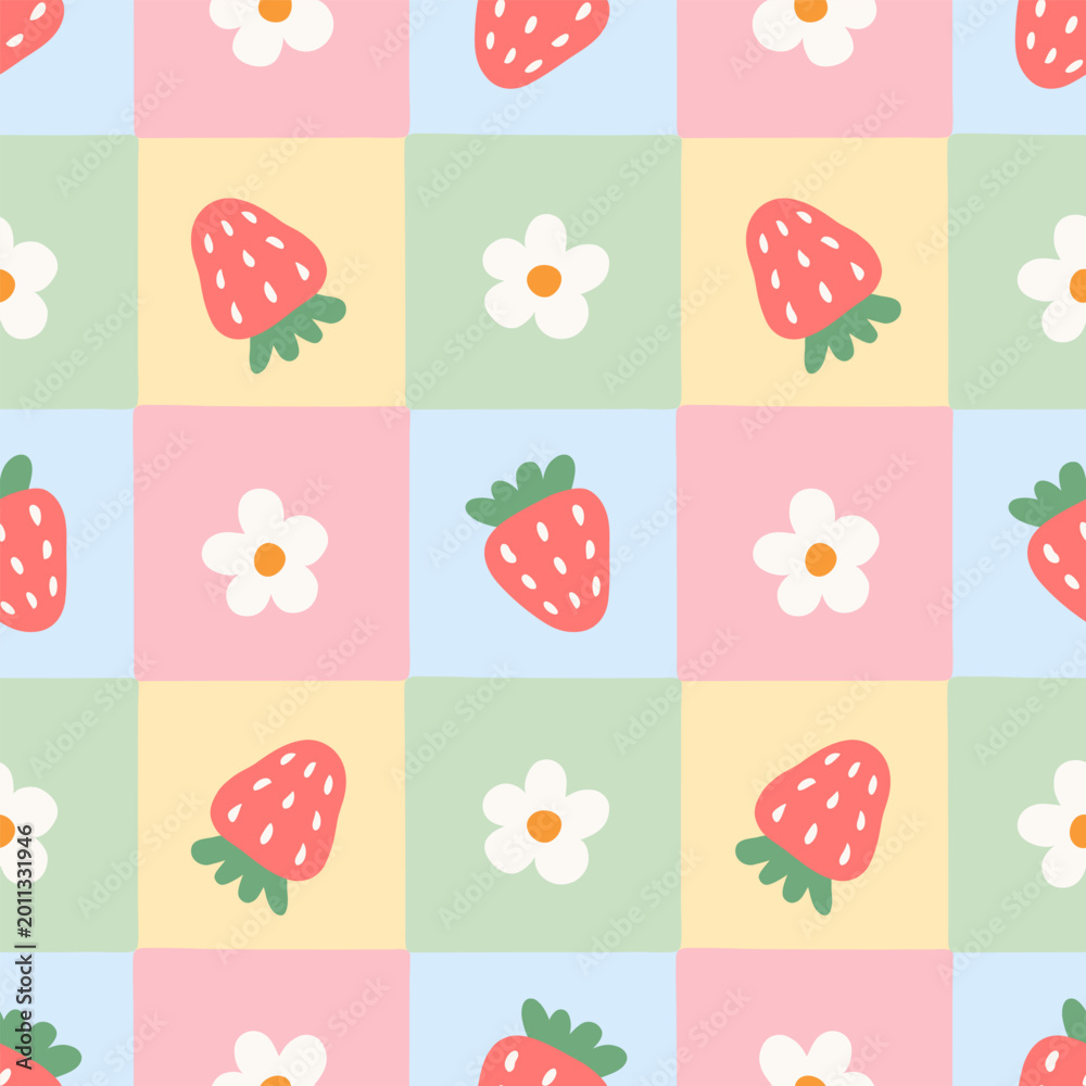 Fototapeta premium Gingham seamless pattern with hand drawn strawberry and flowers. Cute summer spring pastel tartan background. Vector illustration for textile, baby clothes, tablecloths, napkins, packaging.
