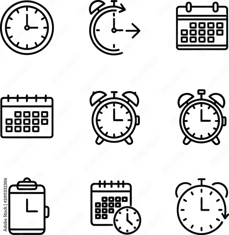 Fototapeta premium Time management icon set clocks calendars and alarms in linear style for business and productivity