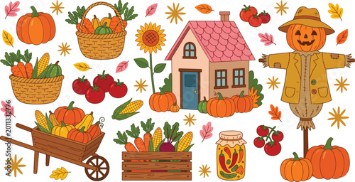 Schilderij op canvas Autumn Harvest Festival and Farmhouse Illustration Set