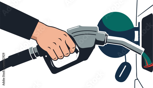 Hand holds fuel nozzle to fill vehicle