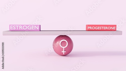 Quadro su tela A 3D rendering of hormonal equilibrium by showing ESTROGEN and PROGESTERONE blocks balanced on a seesaw resting atop a sphere marked with the female symbol