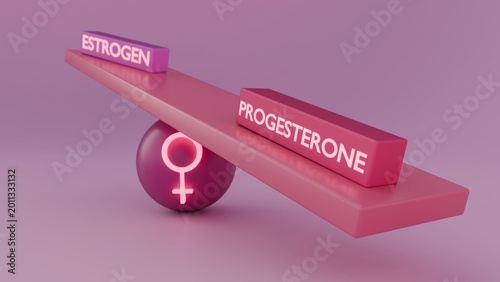 Fotografie A 3D rendering of hormonal equilibrium by showing ESTROGEN and PROGESTERONE blocks balanced on a seesaw resting atop a sphere marked with the female symbol
