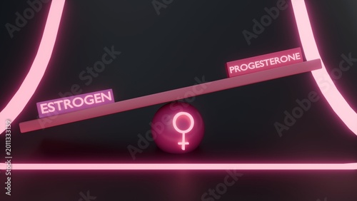 Photos A 3D rendering of hormonal equilibrium by showing ESTROGEN and PROGESTERONE blocks balanced on a seesaw resting atop a sphere marked with the female symbol