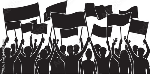 Crowd of people holding black protest flags rallying together isolated on transparent background, Vector