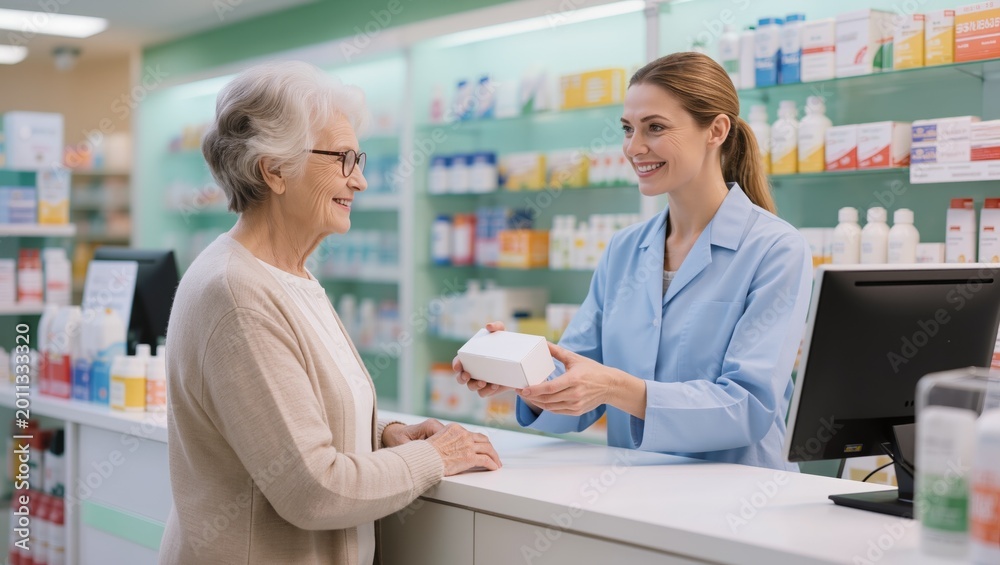 Obraz premium Pharmacist assisting senior customer in pharmacy