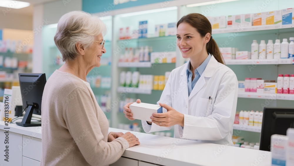 Fototapeta premium Pharmacist assisting senior customer in pharmacy