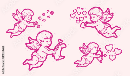 Obraz na płótnie Cherubic Cupids Spraying Hearts and Gifts in Pink Scene