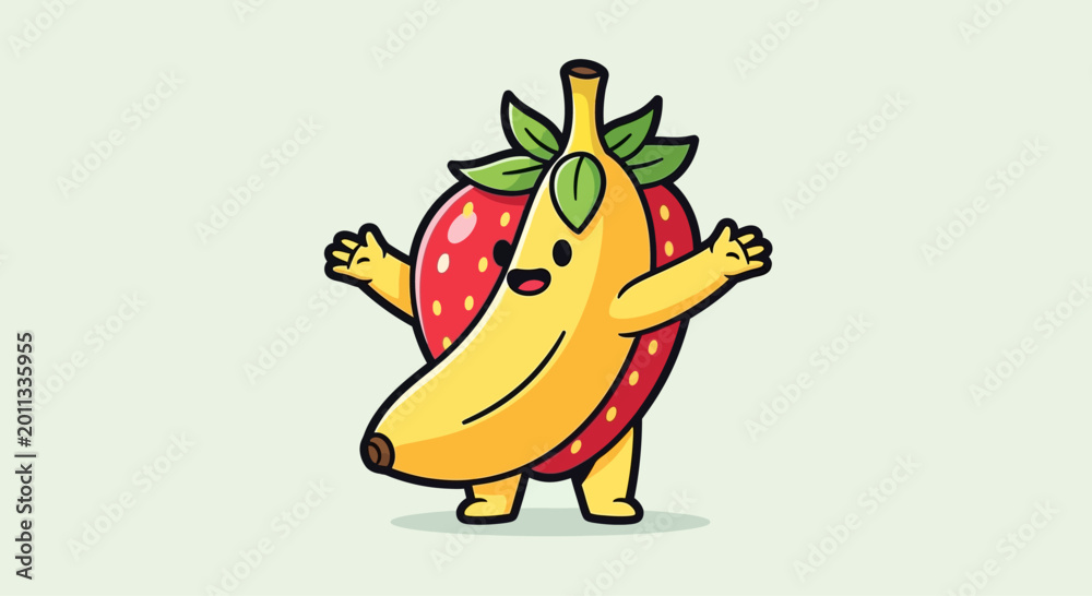 Fototapeta premium Cute Strawberry Banana Hybrid Character Dancing, Funny Fruit Fusion Mascot, Healthy Food Concept