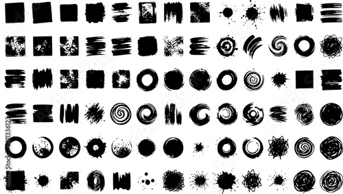 Mega Set of grunge brush strokes, ink splatters, and geometric shapes: Design for distressed graphic textures, urban apparel branding, and digital art brushes. Vector. Transparent EPS version.