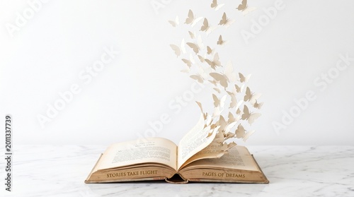 Open book with pages transforming into white butterflies taking flight, surreal education concept on white background with copy space