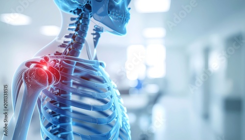 Anatomical illustration of human shoulder joint with highlighted red inflammation and pain, surrounded by translucent blue skeleton and rib cage, in a sterile medical environment, symbolizing injury
