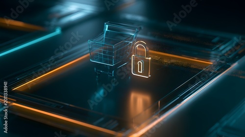 Futuristic digital commerce interface featuring secure holographic shopping cart and padlock icon