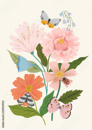 Flower painting with ladybug and butterly