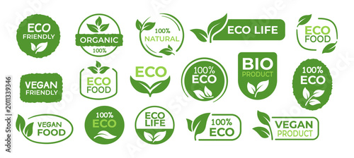 Quadro em tela Eco labels and badges with green leaf symbols, organic, vegan and natural product logos for food packaging, eco friendly branding and sustainable market design