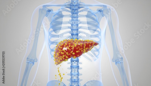 Detailed 3D render of human liver organ afflicted with fatty deposits, surrounded by skeletal structure and isolated on a neutral gradient background, representing disease, health