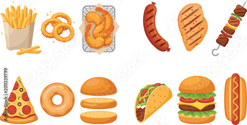 Photos Fast Food and Grilled Meat Icon Set Featuring Burger, Pizza, Taco, Hot Dog, Fren