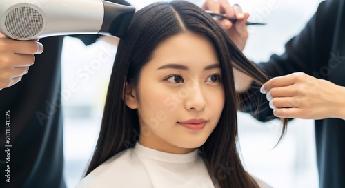 美容室でヘアスタイルを整える女性と美容師のプロフェッショナルな手仕事