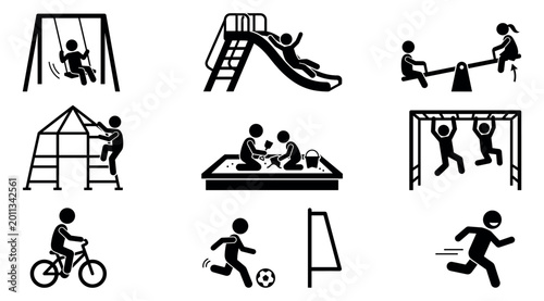 Bild auf Leinwand Children Playground Pictogram Icons – Outdoor Activity Silhouette Set