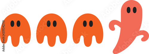 Quadro su tela Four cute ghost characters forming a line on white background during Halloween c