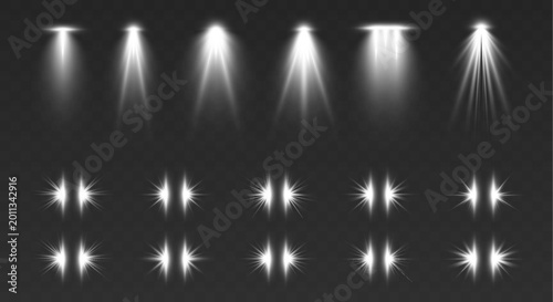 Photos Set of glowing flashes, sun rays and spark particles