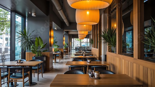 Modern luxury restaurant interior with elegant dining tables and lighting