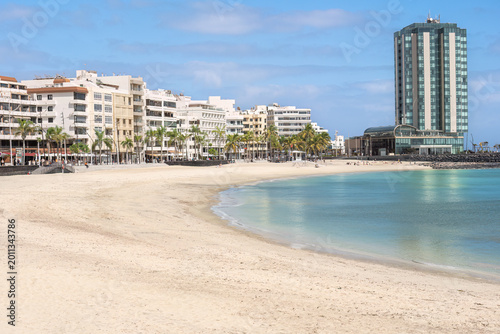 The main beach in Arreife on the island of Lanzarote one of the Canary islands