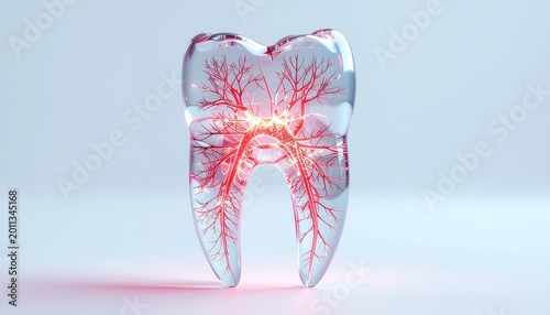 Transparent molar tooth with glowing red vascular system, exhibiting intricate root canals and nerve branching, for dental health, anatomy, and medical concepts