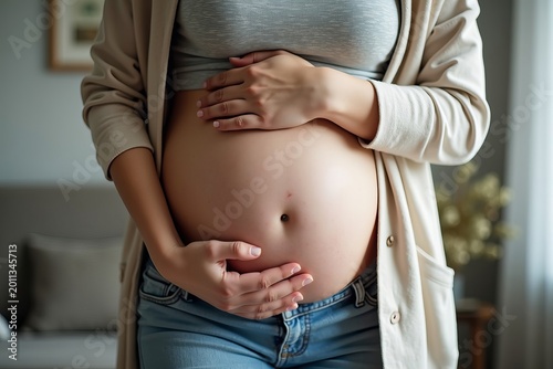 Close-up of a pregnant woman in pain cradling her stomach and battling a headache at home.