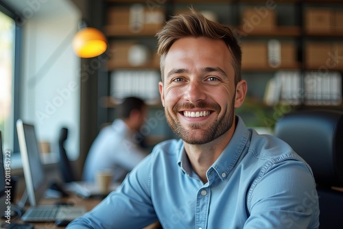 Cheerful Male Technical Writer Captured in Vibrant Headshot, Displaying Professional and Tech-Savvy Vibe in Office Setting