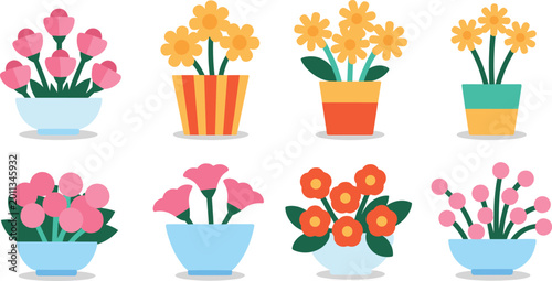 Bilde på lerret Various potted flowers arranged in a grid with vibrant colors and simple shapes