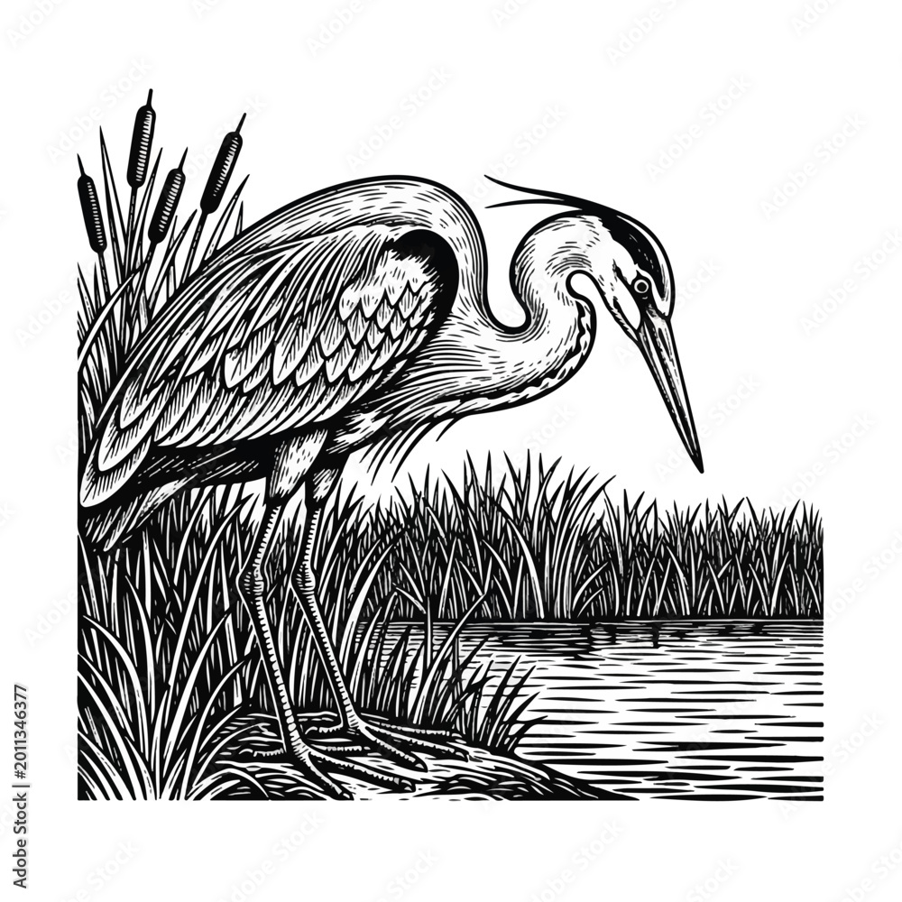 Obraz premium Heron standing in water reeds landscape.