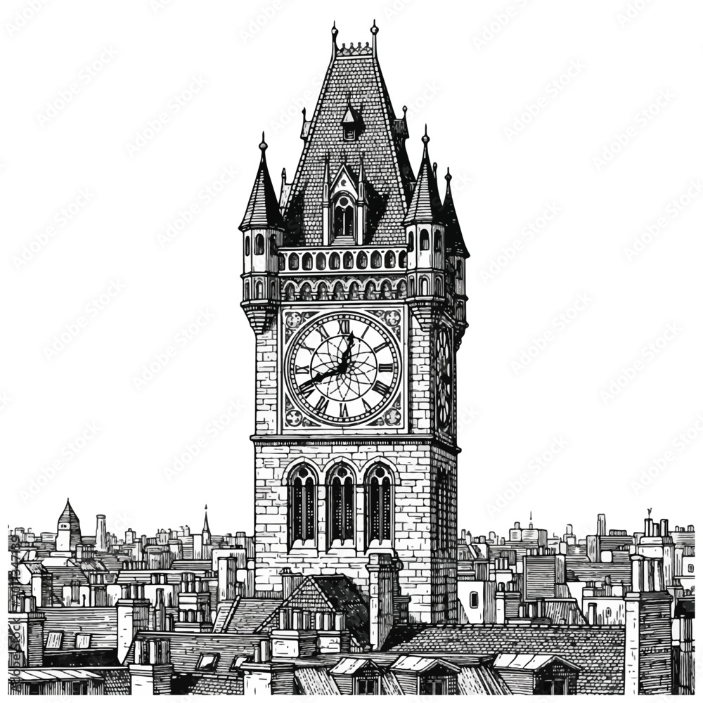 Fototapeta premium Large Gothic Clock Tower Architecture.