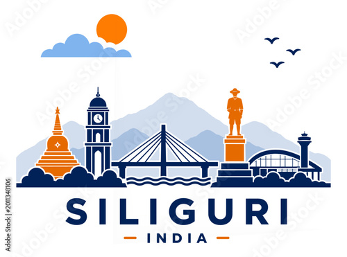 Minimalist flat vector illustration of Siliguri skyline, India