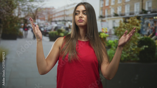 Foto Woman raises both hands in a shrug gesture on a city street with planters and shops, mid distance view; casual uncertainty
