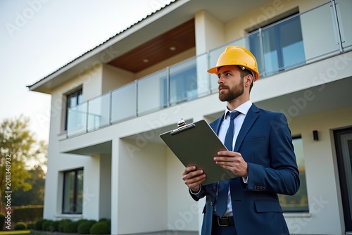 Real estate appraiser conducting an inspection of a contemporary home, holding a clipboard.