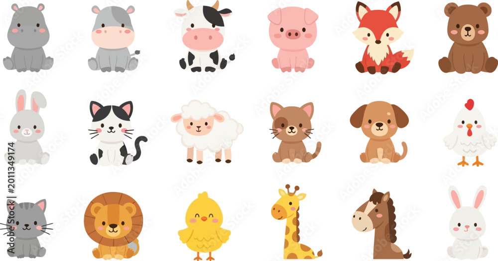 Obraz premium Cute cartoon animals pixel art collection Vector