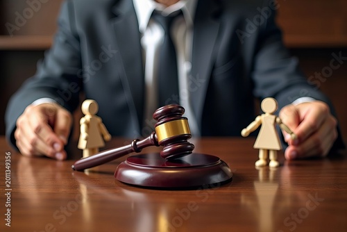 Courtroom Drama: The Fight for Family Custody Unfolds with Lawyers, Gavels, and Wooden Figures symbolizing the Children at Stake.
