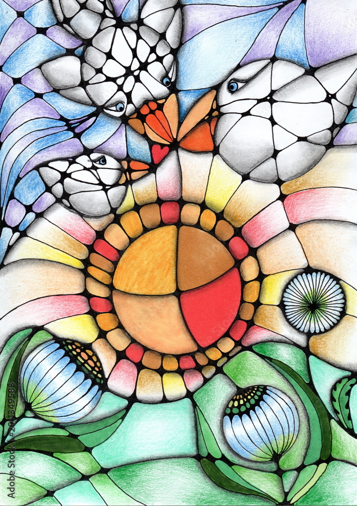 Fototapeta premium An abstract, hand-drawn illustration, executed with colored pencils using a technique reminiscent of neurographics or stained glass. Smooth, intersecting black lines with rounded corners break the com