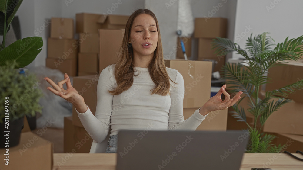 Naklejka premium Woman seated at laptop amid stacked moving cardboard boxes in a new home building, eyes closed with hands in meditation mudra; calm focus.