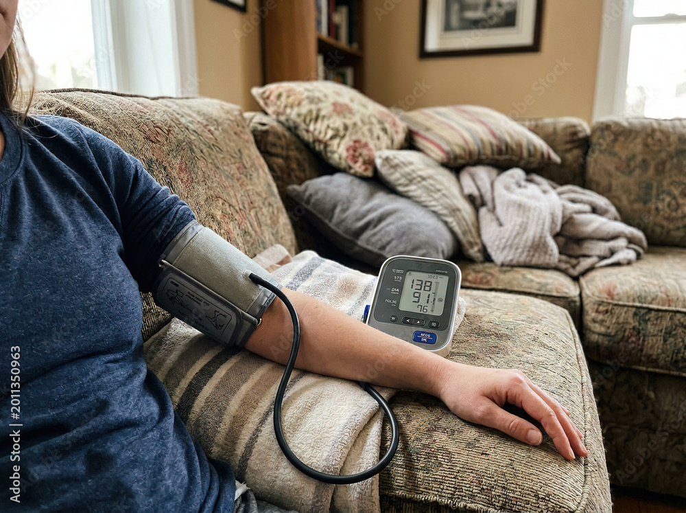 Obraz premium Woman Checking Blood Pressure with Digital Monitor at Home Sitting on Sofa