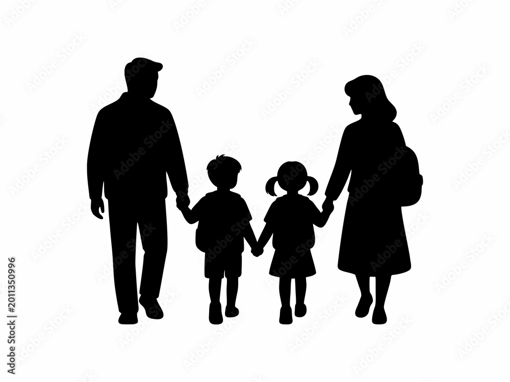 Fototapeta premium Happy Family with Children Walking to School Silhouette Isolated on White Background